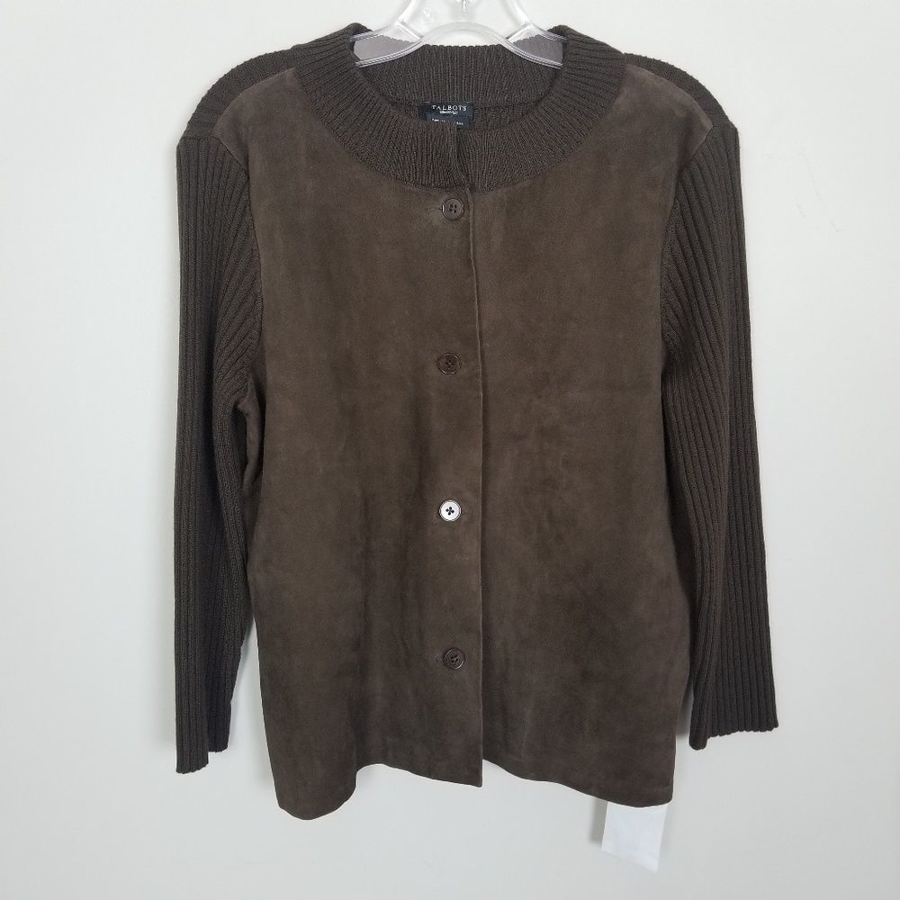 Talbots Suede Leather Front Cable Knit Button Down Sweater Top M
